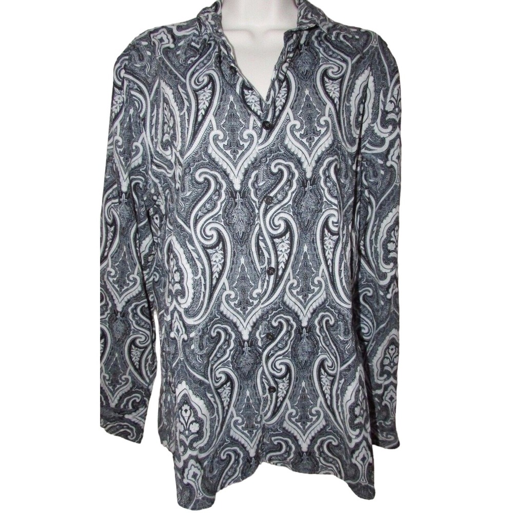 Express Precision Fit Medium M button down blouse top black paisley Women's